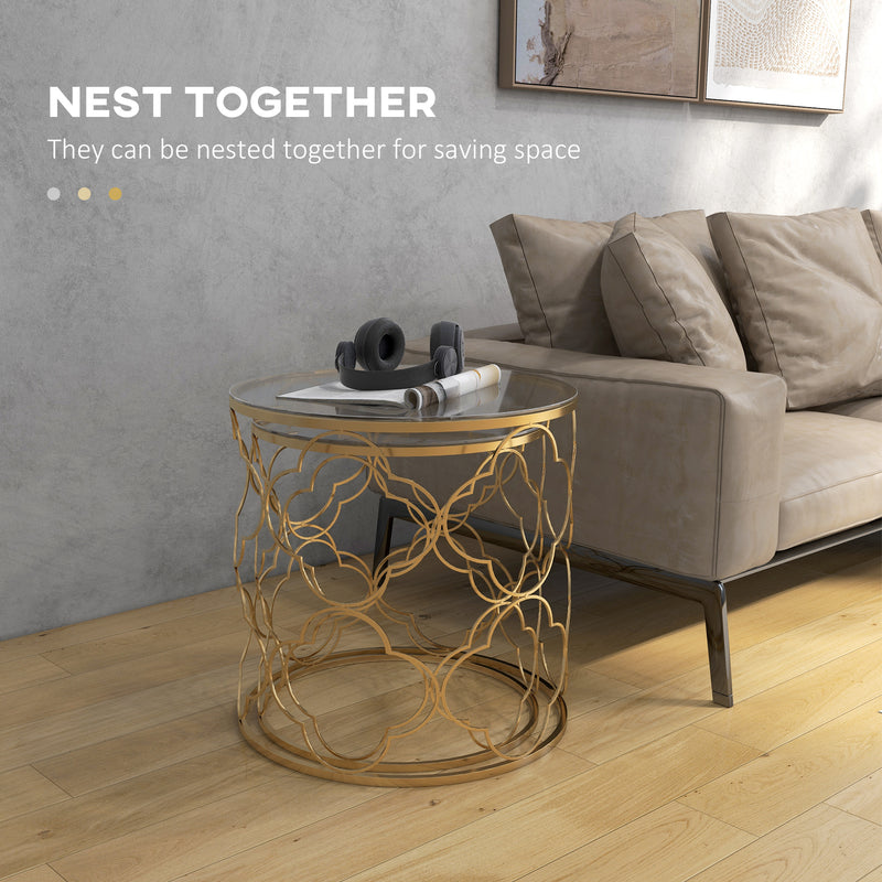 HOMCOM Nesting Tables Set of 2, Side End Table with Glass Top, Gold Tone