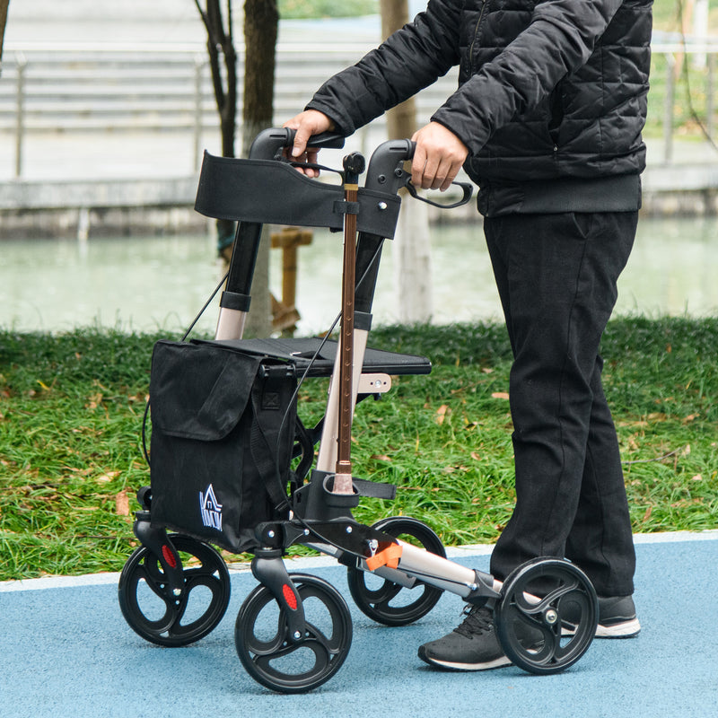 4 Wheel Rollator Walker With Seat Adjustable Mobility Walker With Bag, Gold Tone