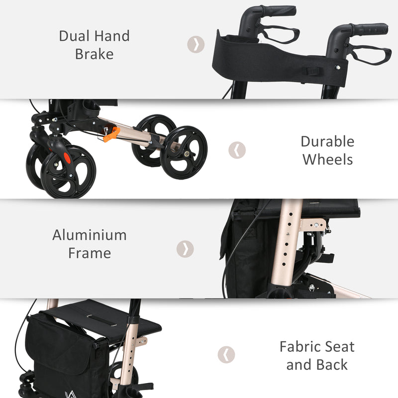 4 Wheel Rollator Walker With Seat Adjustable Mobility Walker With Bag, Gold Tone