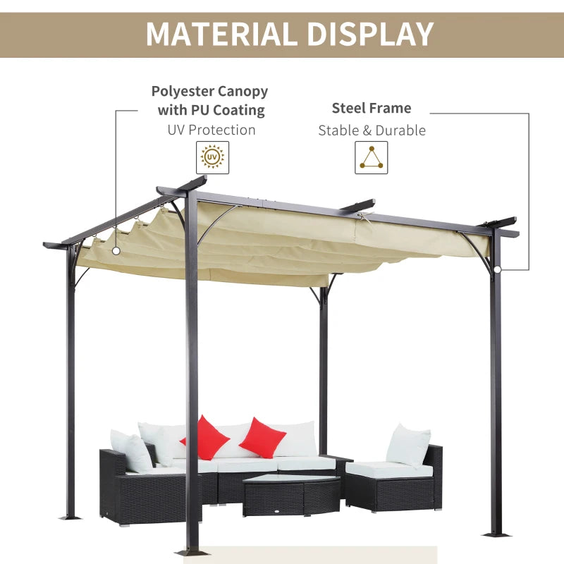 Outsunny Outdoor Metal Pergola with Retractable Awning Canopy 3x3m - Beige