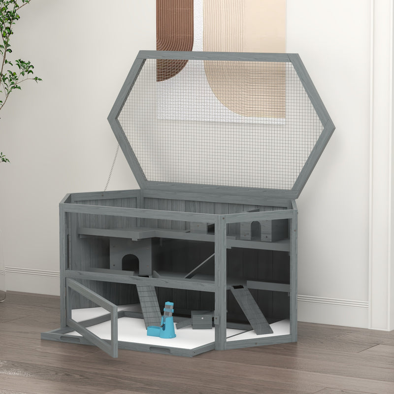 PawHut 3 Tier Wooden Hamster Cage Gerbil Play Centre W/ Sliding Tray Ramps