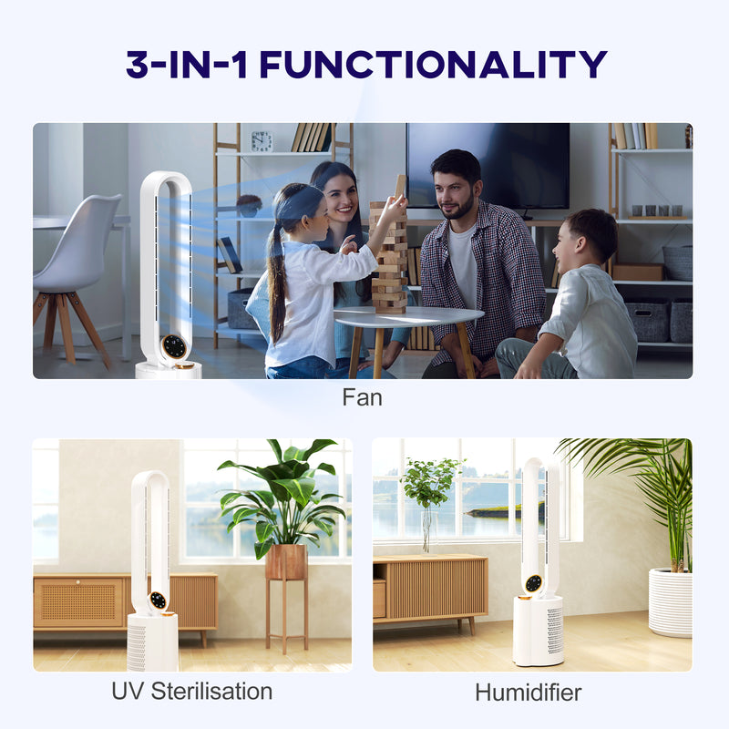 HOMCOM Bladeless Tower Fan with UV Sterilisation & Humidifier, Oscillation