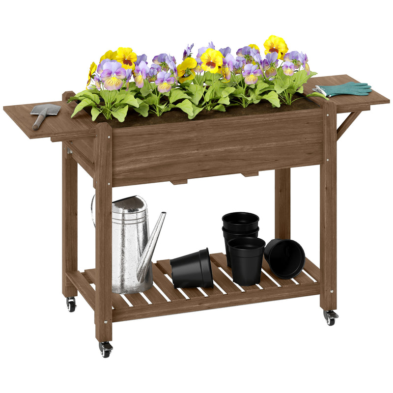 Outsunny Wooden Raised Planter With Lockable Wheels, Liner, Carbonised
