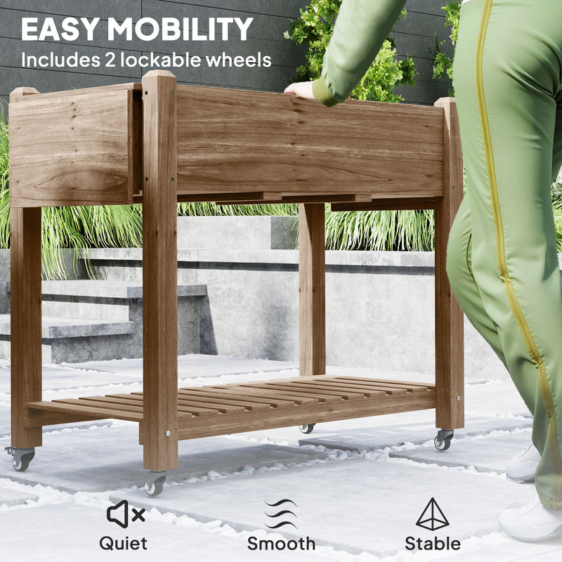 Outsunny Wooden Raised Planter With Lockable Wheels, Liner, Carbonised