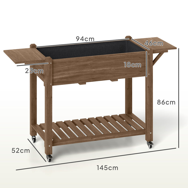 Outsunny Wooden Raised Planter With Lockable Wheels, Liner, Carbonised