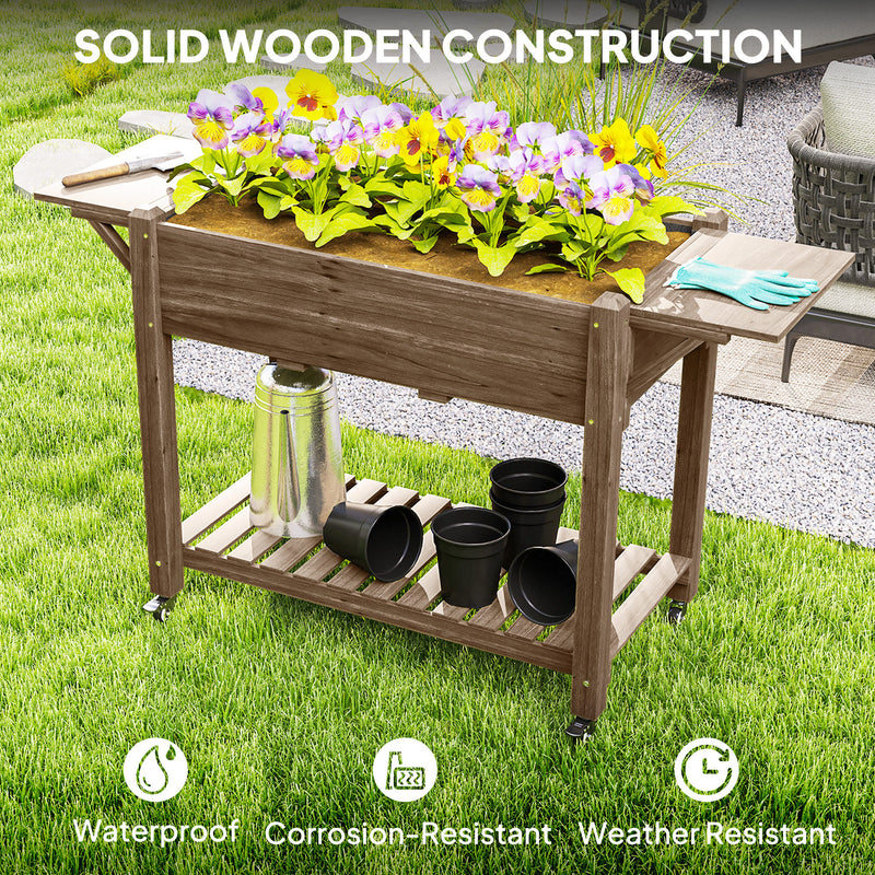 Outsunny Wooden Raised Planter With Lockable Wheels, Liner, Carbonised