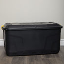 145L Heavy Duty Lockable & Stackable Storage Tub Chest on Wheels with Clips in Black