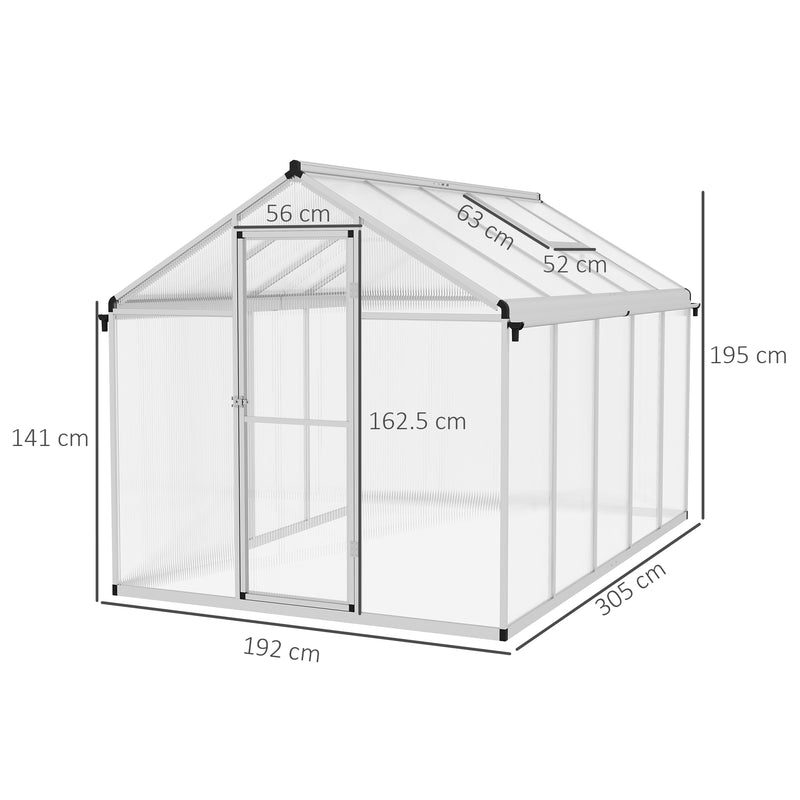 Outsunny Aluminium Greenhouse With/ Door Window Galvanised Base PC Panel