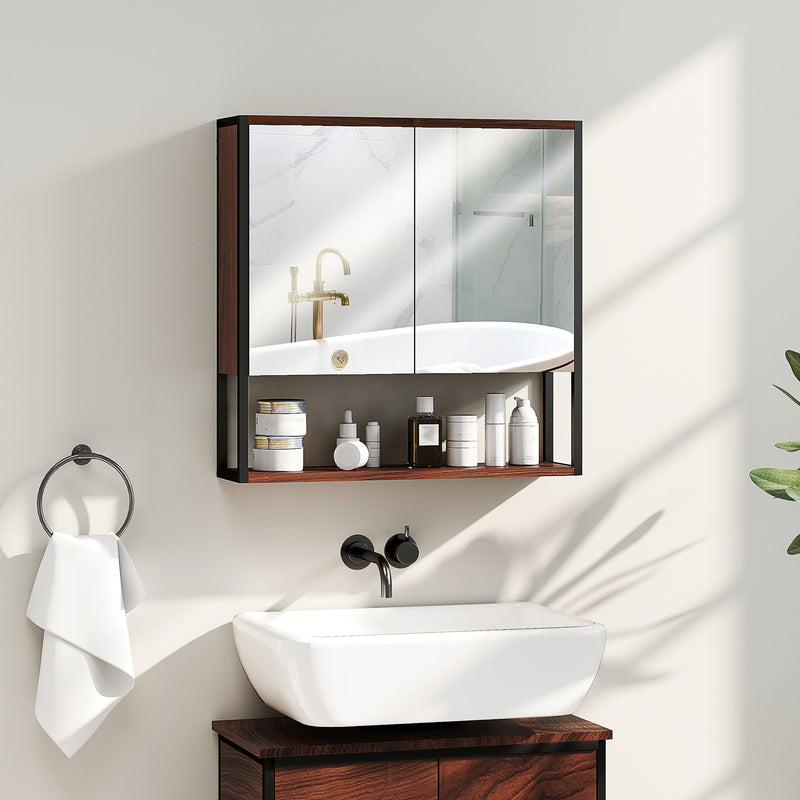 HOMCOM Industrial Bathroom Cabinet With 2 Mirrored Doors Open Shelf