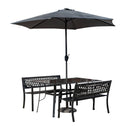 Outdoor 4 Person Rectangular Glass Top Garden Dining Table Benches With Grey Havana Parasol and Base Set