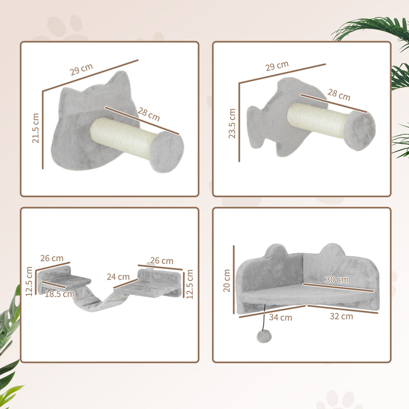 PawHut 4PCs Cat Wall Shelves with Steps, Ladder, Jumping Platforms