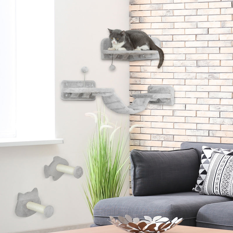 PawHut 4PCs Cat Wall Shelves with Steps, Ladder, Jumping Platforms