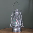 24cm Dual Powered Light up Silver Antique Lantern Christmas Water Spinner with Snowman Scene
