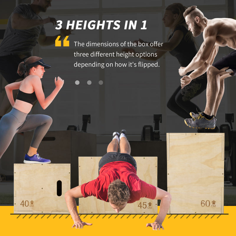 HOMCOM 3-in-1 Wooden Plyo Box for Home Gym, Workout Training, Natural