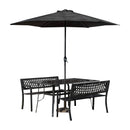 Outdoor 4 Person Rectangular Glass Top Garden Dining Table Benches With Black Havana Parasol and Base Set