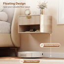 HOMCOM Floating Bedside Tables Set of 2 with Fluted Drawer Open Shelf Oak