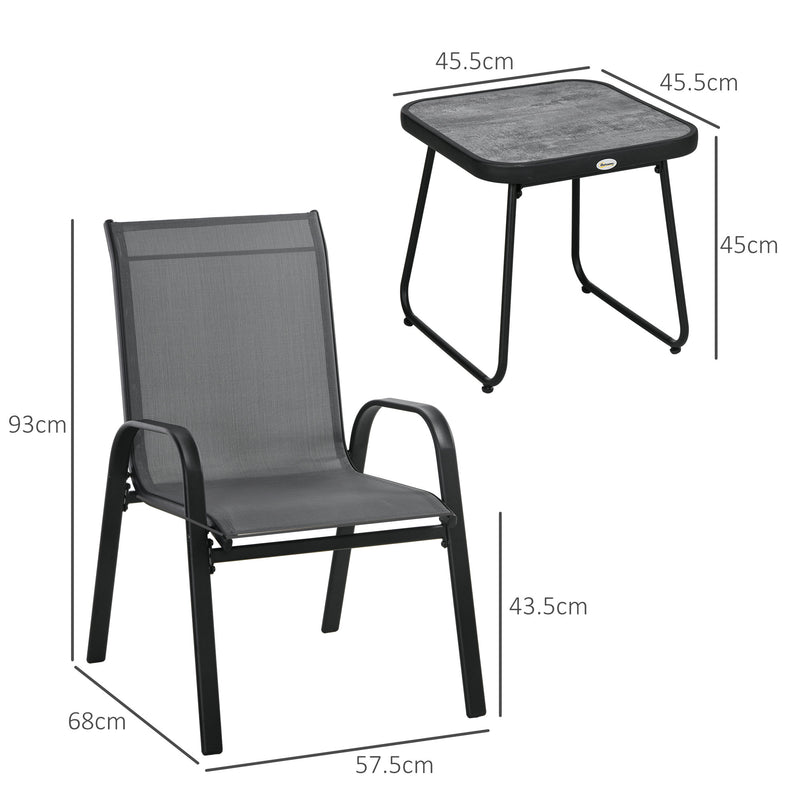 Outsunny 3PCs Bistro Set With Breathable Mesh Fabric Stackable Chairs - Grey/Black