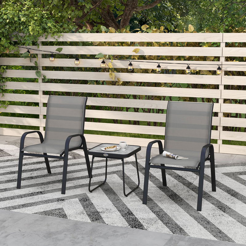 Outsunny 3PCs Bistro Set With Breathable Mesh Fabric Stackable Chairs - Grey/Black