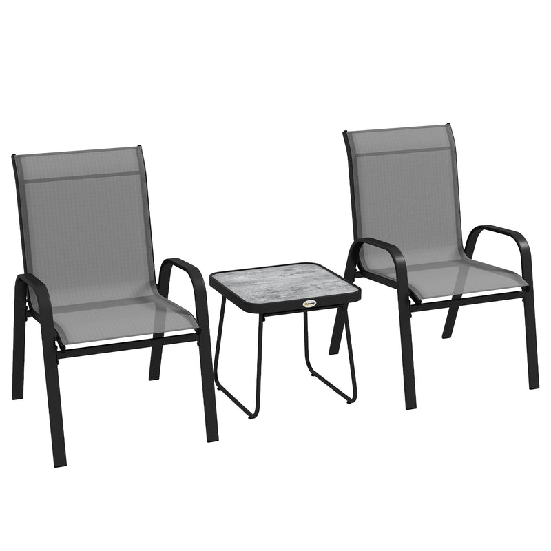Outsunny 3PCs Bistro Set With Breathable Mesh Fabric Stackable Chairs - Grey/Black