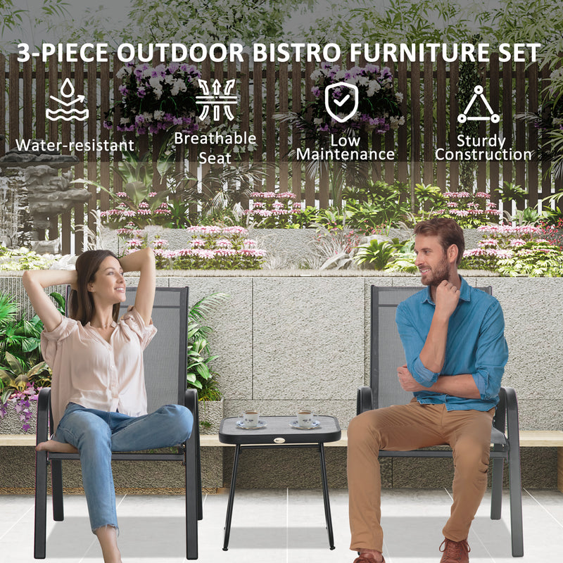 Outsunny 3PCs Bistro Set With Breathable Mesh Fabric Stackable Chairs - Grey/Black