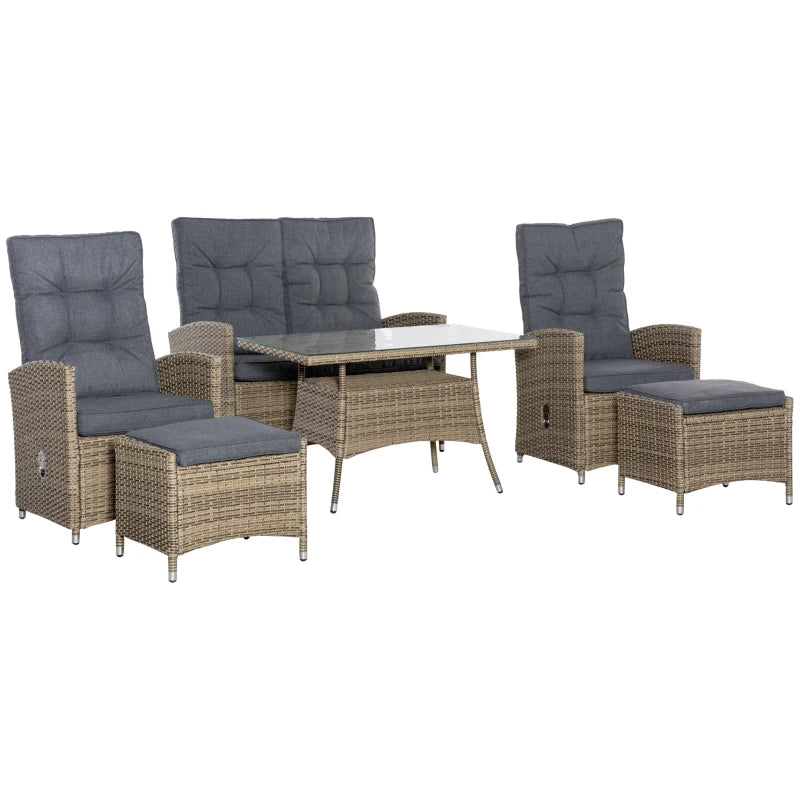 Outsunny Patio Furniture Dining Set with Recliner Armchairs 6 Piece - Brown