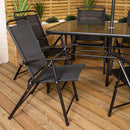 Samuel Alexander Outdoor 6 Seater Glass Top Table and Chairs Patio Set with Parasol in Black