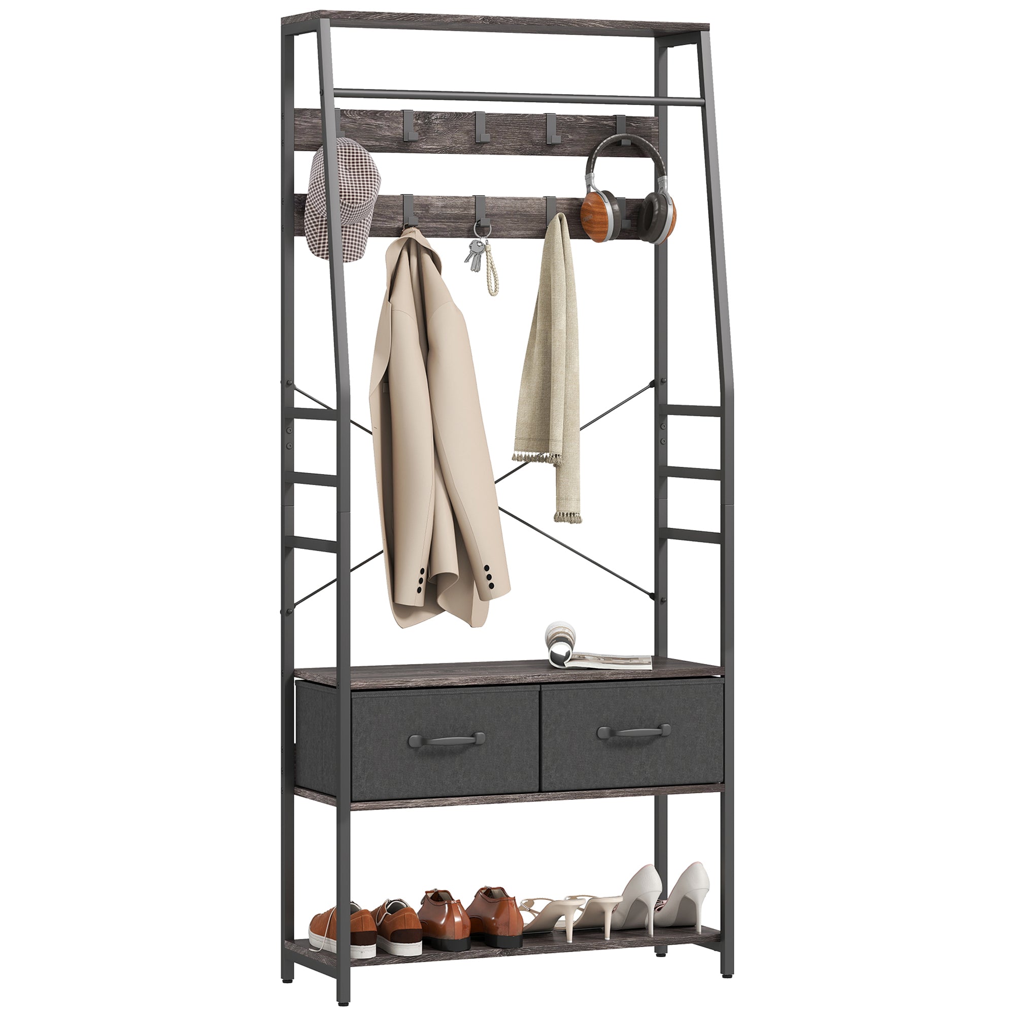 Melcom Shoe Rack HOMCOM Coat Rack with Shoe Storage, Bench and 10 Hooks, Grey