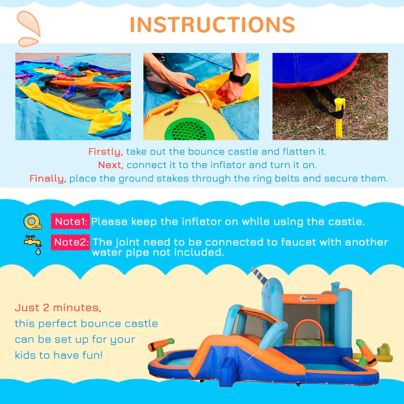 Outsunny Bouncy Castle with Paddling Pool and Sprinkler - Narwhals