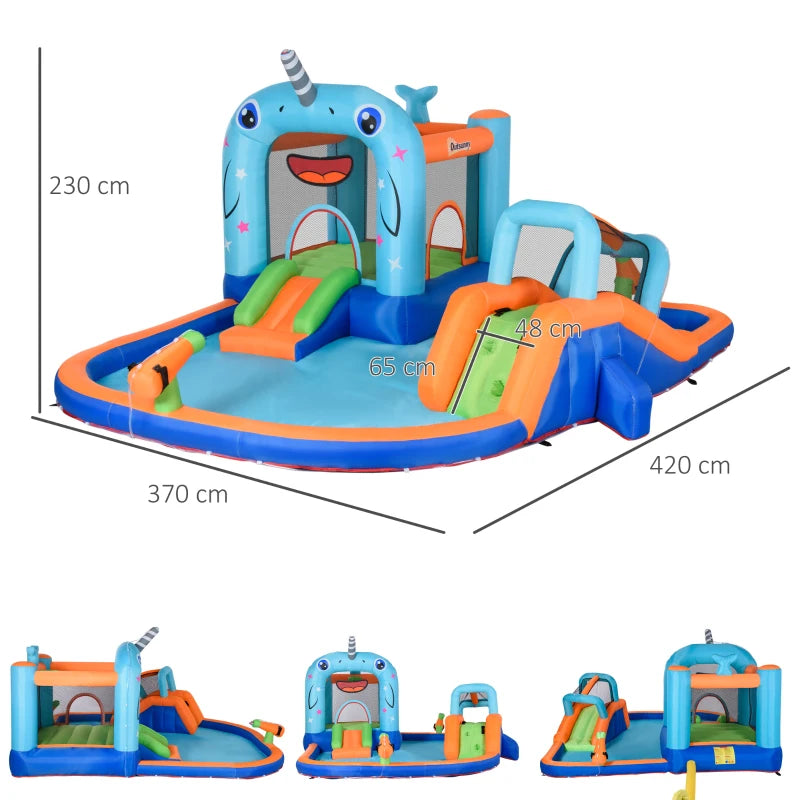 Outsunny Bouncy Castle with Paddling Pool and Sprinkler - Narwhals