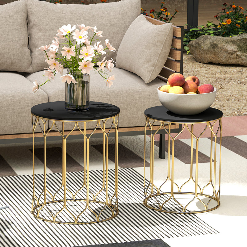 Outsunny Nesting Small Garden Table Set of 2 with Marble Effect Top