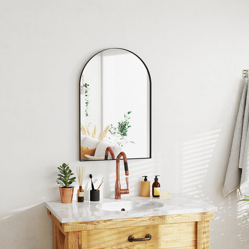 HOMCOM Arch Bathroom Mirror, Modern Wall Mirror with Steel Frame, Black