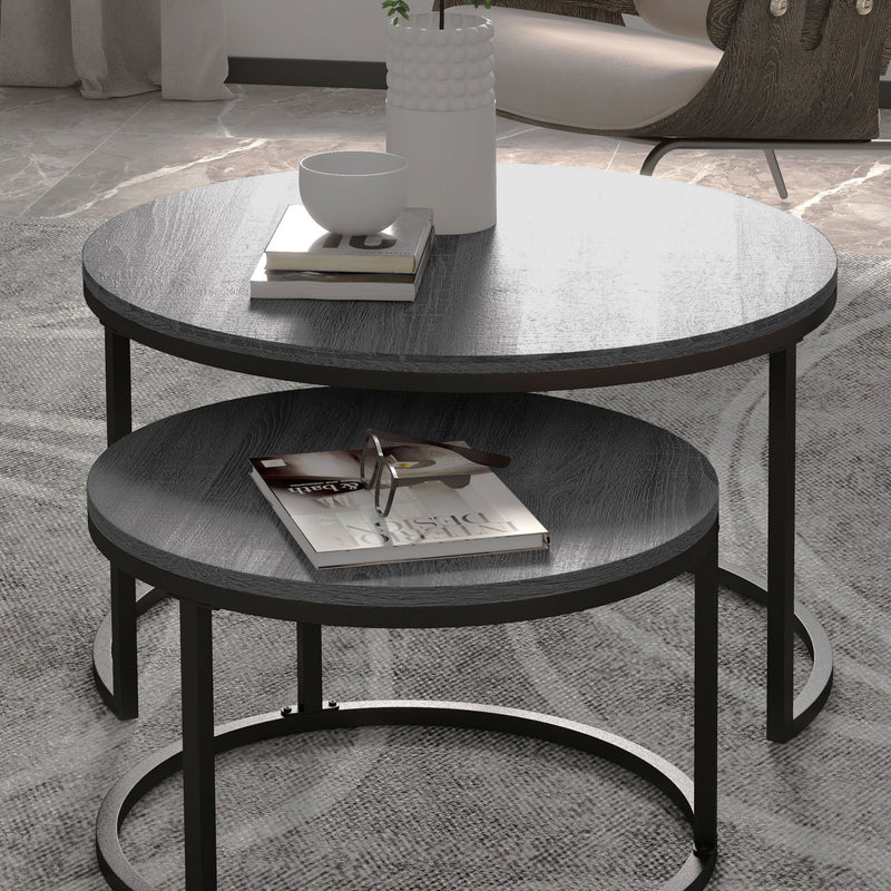 HOMCOM 2 Pcs Stacking Coffee Table Set Steel Frame Wood Effect Top Foot Pads