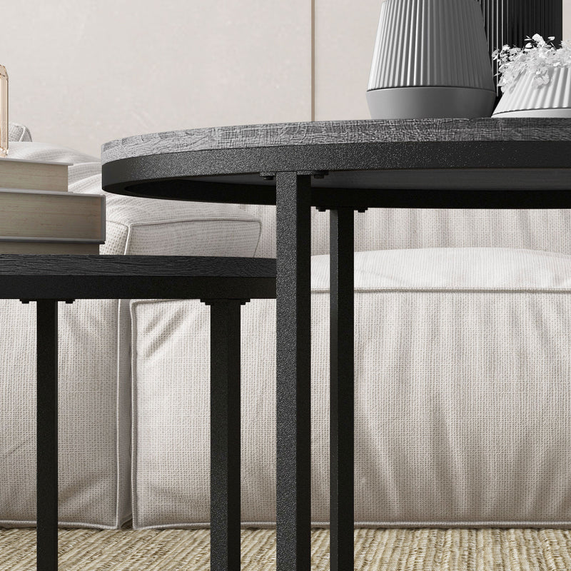HOMCOM 2 Pcs Stacking Coffee Table Set Steel Frame Wood Effect Top Foot Pads