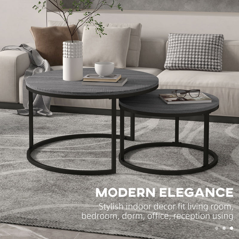 HOMCOM 2 Pcs Stacking Coffee Table Set Steel Frame Wood Effect Top Foot Pads