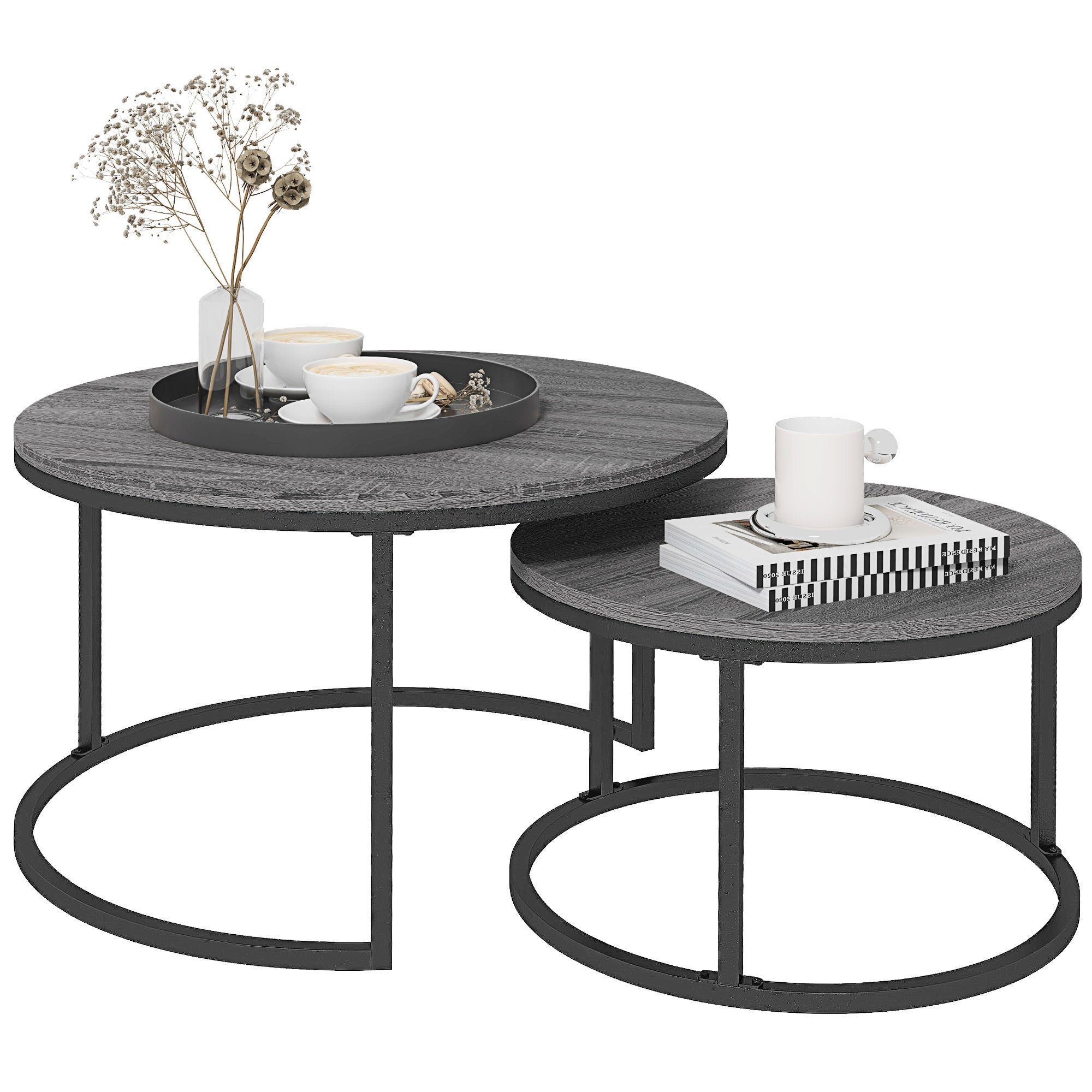 Stack Coffee Table HOMCOM 2 Pcs Stacking Coffee Table Set Steel Frame Wood Effect Top Foo