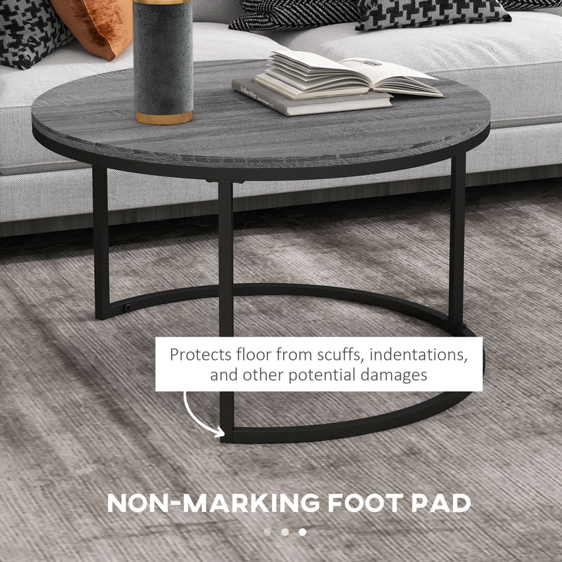 HOMCOM 2 Pcs Stacking Coffee Table Set Steel Frame Wood Effect Top Foot Pads
