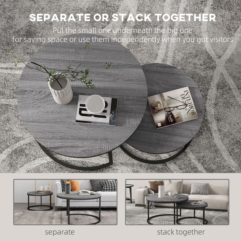 HOMCOM 2 Pcs Stacking Coffee Table Set Steel Frame Wood Effect Top Foot Pads