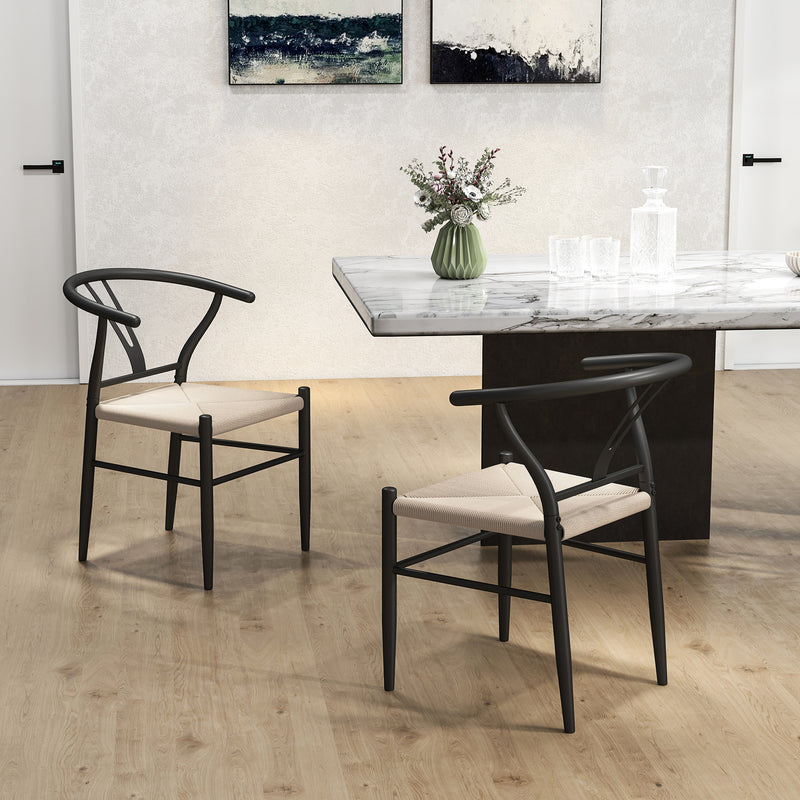 HOMCOM Weave Dining Chairs Set of 2 with Y-Shaped Backrest Hemp Seat Black