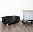 77cm x 58cm Black Plastic Raised Pet Basket with Legs and Black Plastic Double Pet Bowl Feeder with Stand Set