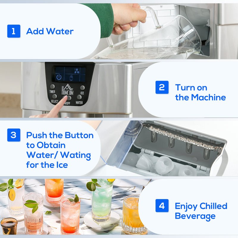 HOMCOM Ice Maker Machine And Water Dispenser No Plumbing Required Silver