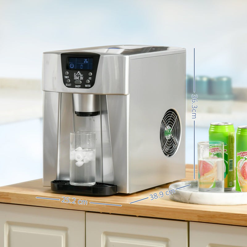 HOMCOM Ice Maker Machine And Water Dispenser No Plumbing Required Silver