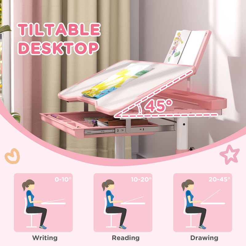 AIYAPLAY Height Adjustable Kids Desk And Chair Set W/ Tilted Desktop - Grey/Pink