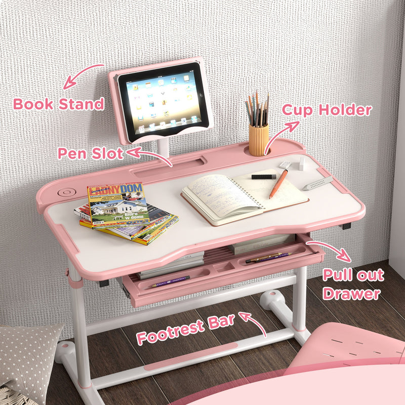 AIYAPLAY Height Adjustable Kids Desk And Chair Set W/ Tilted Desktop - Grey/Pink