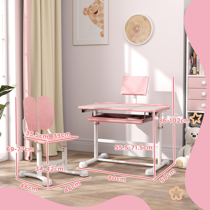 AIYAPLAY Height Adjustable Kids Desk And Chair Set W/ Tilted Desktop - Grey/Pink