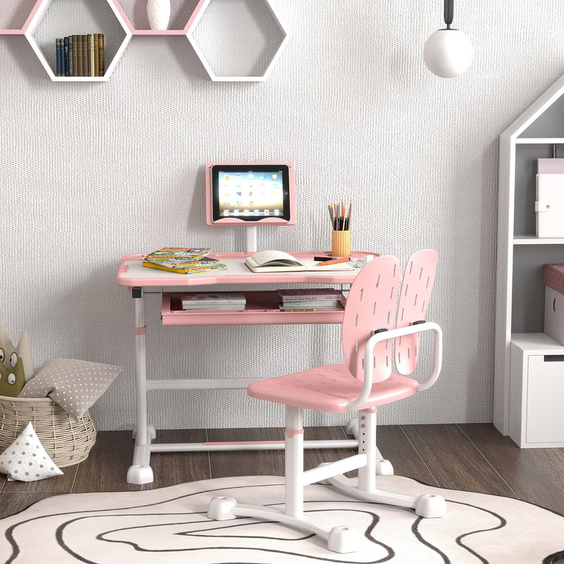 AIYAPLAY Height Adjustable Kids Desk And Chair Set W/ Tilted Desktop - Grey/Pink