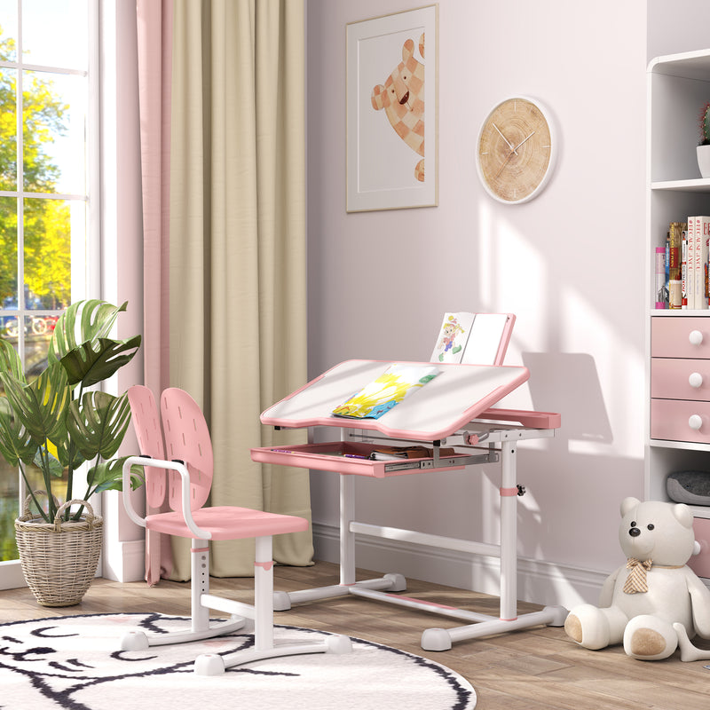 AIYAPLAY Height Adjustable Kids Desk And Chair Set W/ Tilted Desktop - Grey/Pink