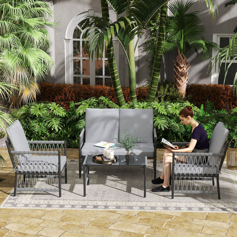 Outsunny 4 Seater Rattan Garden Sofa Set With Glass Top Coffee Table