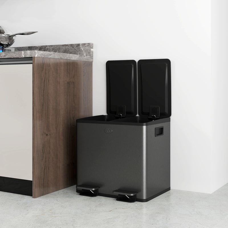 HOMCOM 2 x 15L Dual Kitchen Bin Pedal Bin for Recycling and Waste, Black