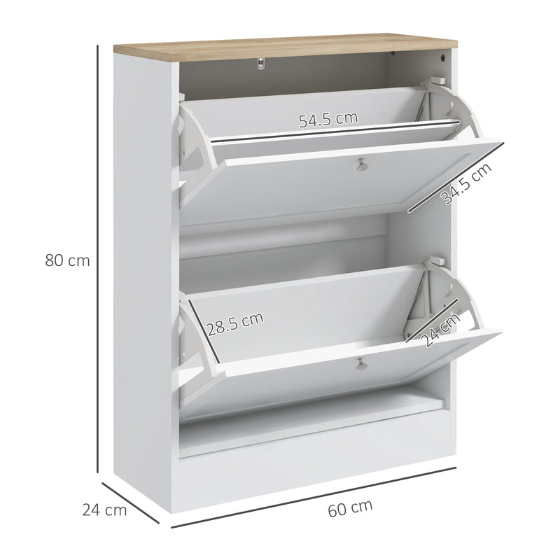 HOMCOM 2 Flip Drawer Narrow Shoe Cabinet with Adjustable Shelves, White