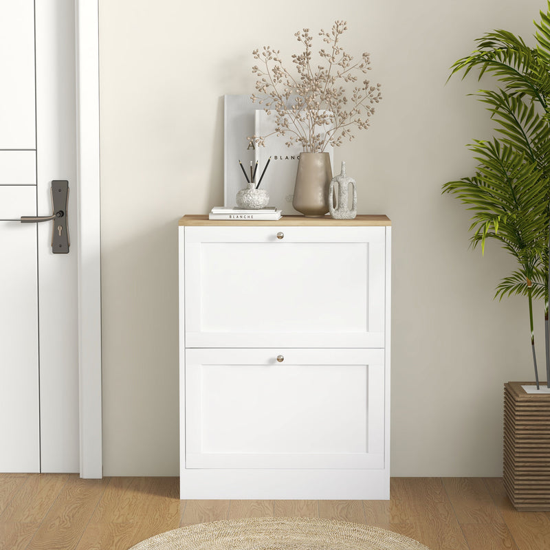 HOMCOM 2 Flip Drawer Narrow Shoe Cabinet with Adjustable Shelves, White